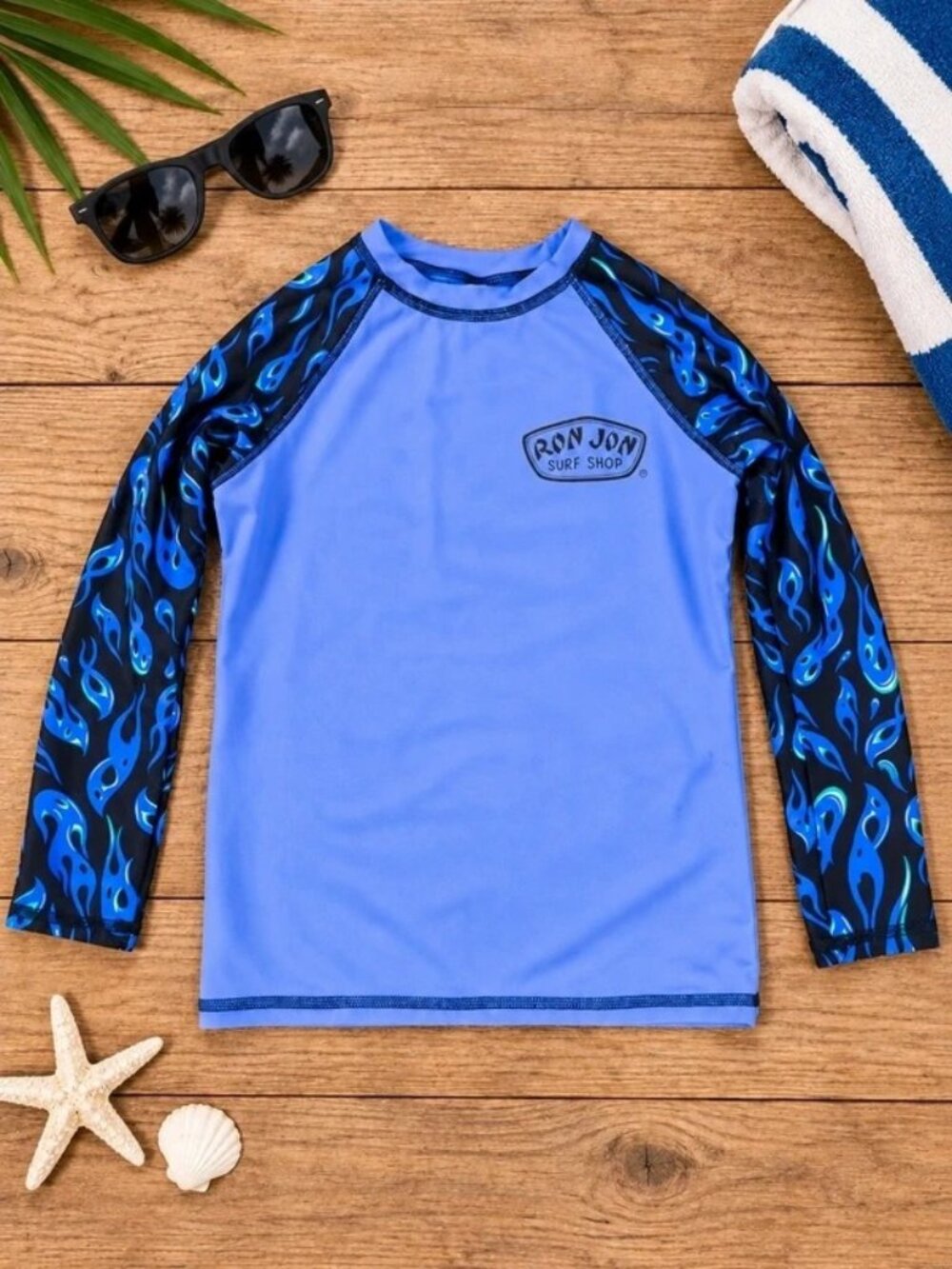 Ron Jon Surf Shop Youth Rash Guard Size 10 Purple Blue Flame Long Sleeve Swim Sh